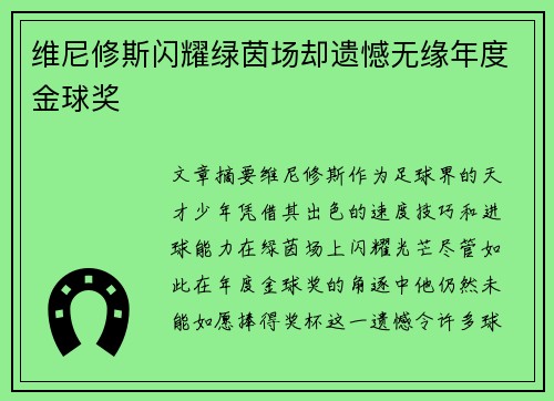 维尼修斯闪耀绿茵场却遗憾无缘年度金球奖